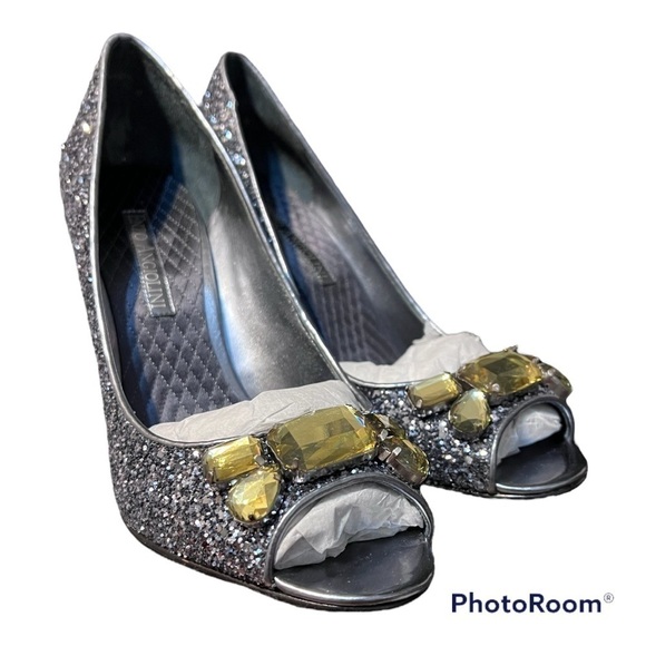 Enzo ANGIOLINI GREY GLITTER Peep Toe Pump EAMAIDEN PEWTR W Gold Stone Sz 8.5 - Picture 1 of 8